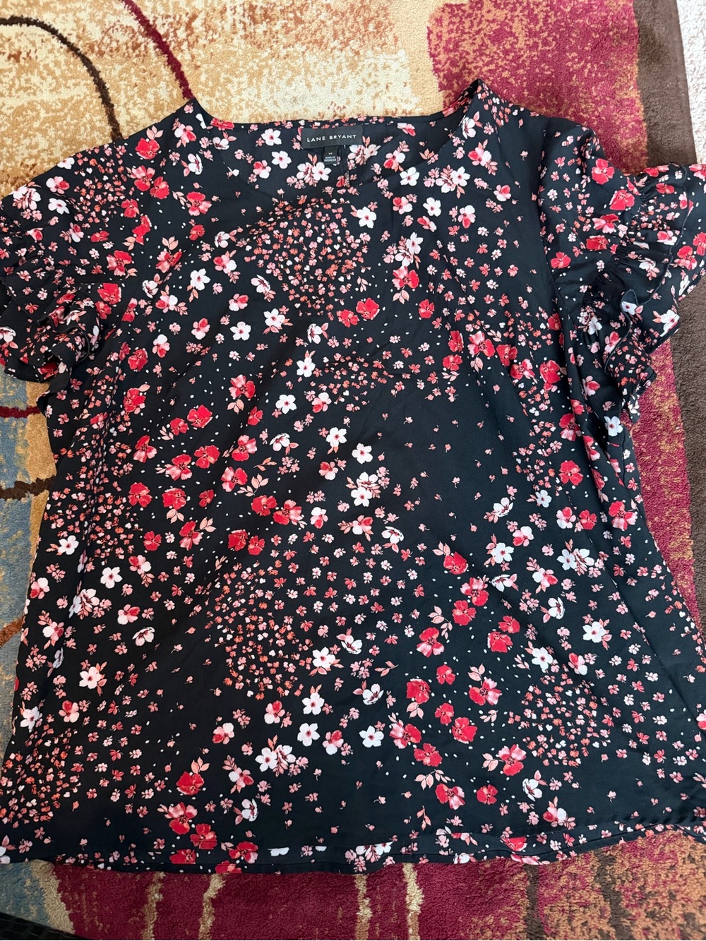 Lane Bryant Black Floral Ruffle-Sleeve Blouse